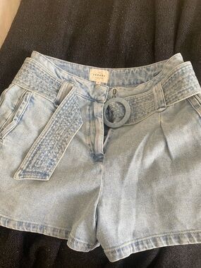 Sezane Light Blue High-Rise Denim Shorts with Waist Belt